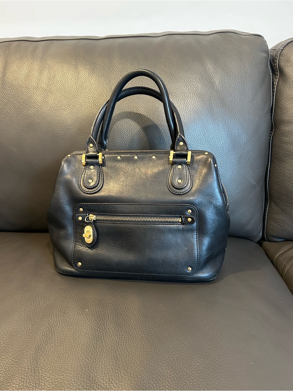 Leather Structured Black Leather Satchel with Gold Accents